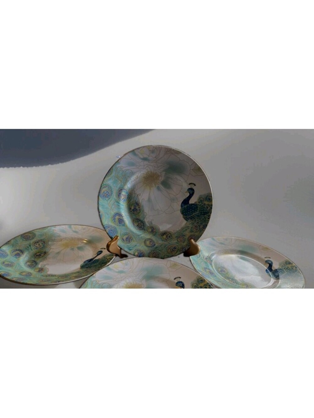 222 Fifth Aqua Color PEACOCK GARDEN 8 7/8" Salad Plate Set Of 4 Mint Condition
